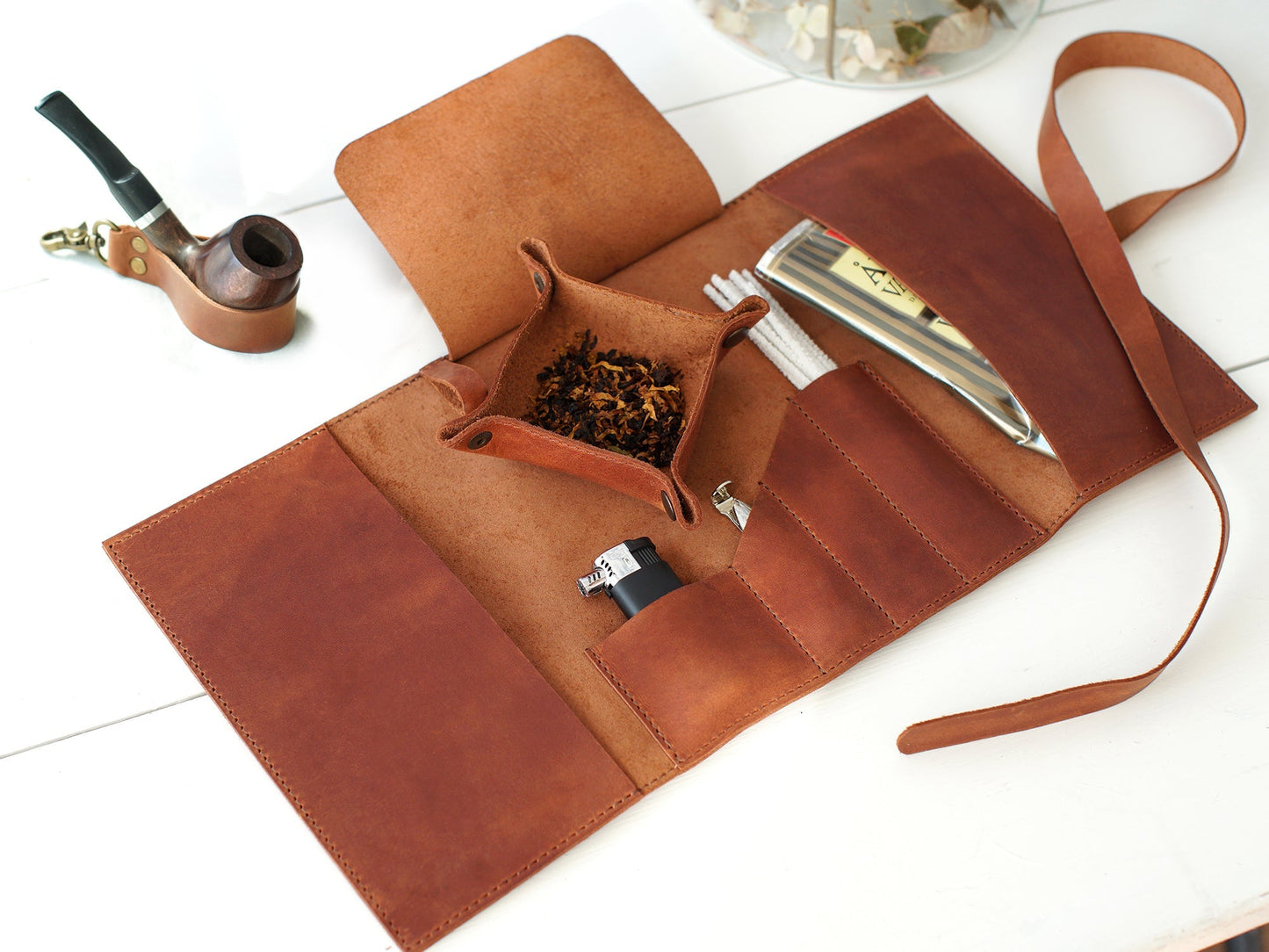 Leather Tobacco Pipe Case with Tray and Pipe Stand, Smoking Pipe Essentials