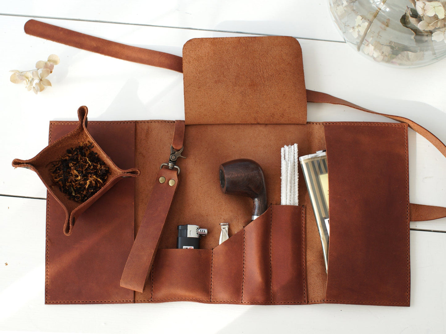 Leather Tobacco Pipe Case with Tray and Pipe Stand, Smoking Pipe Essentials