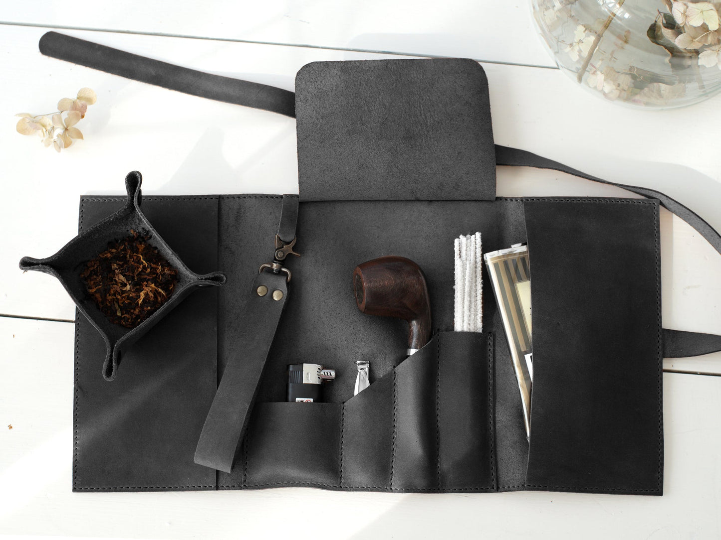 Leather Tobacco Pipe Case with Tray and Pipe Stand, Smoking Pipe Essentials