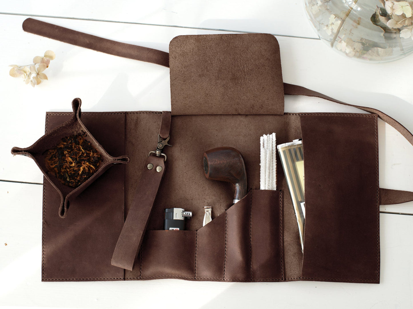 Leather Tobacco Pipe Case with Tray and Pipe Stand, Smoking Pipe Essentials