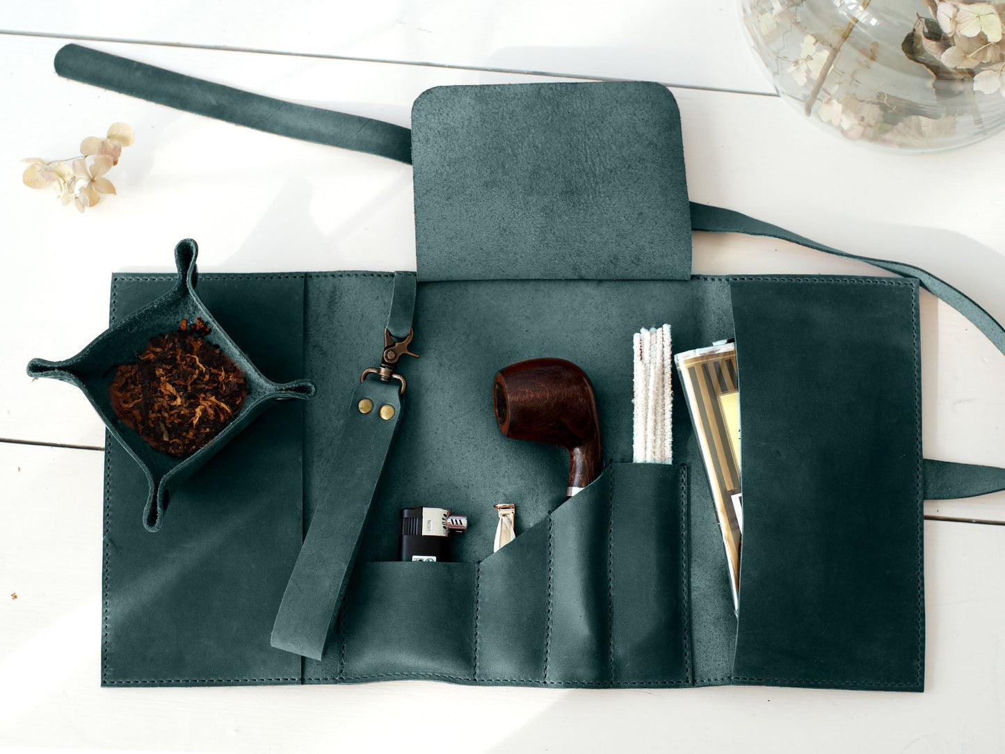 Leather Tobacco Pipe Case with Tray and Pipe Stand, Smoking Pipe Essentials