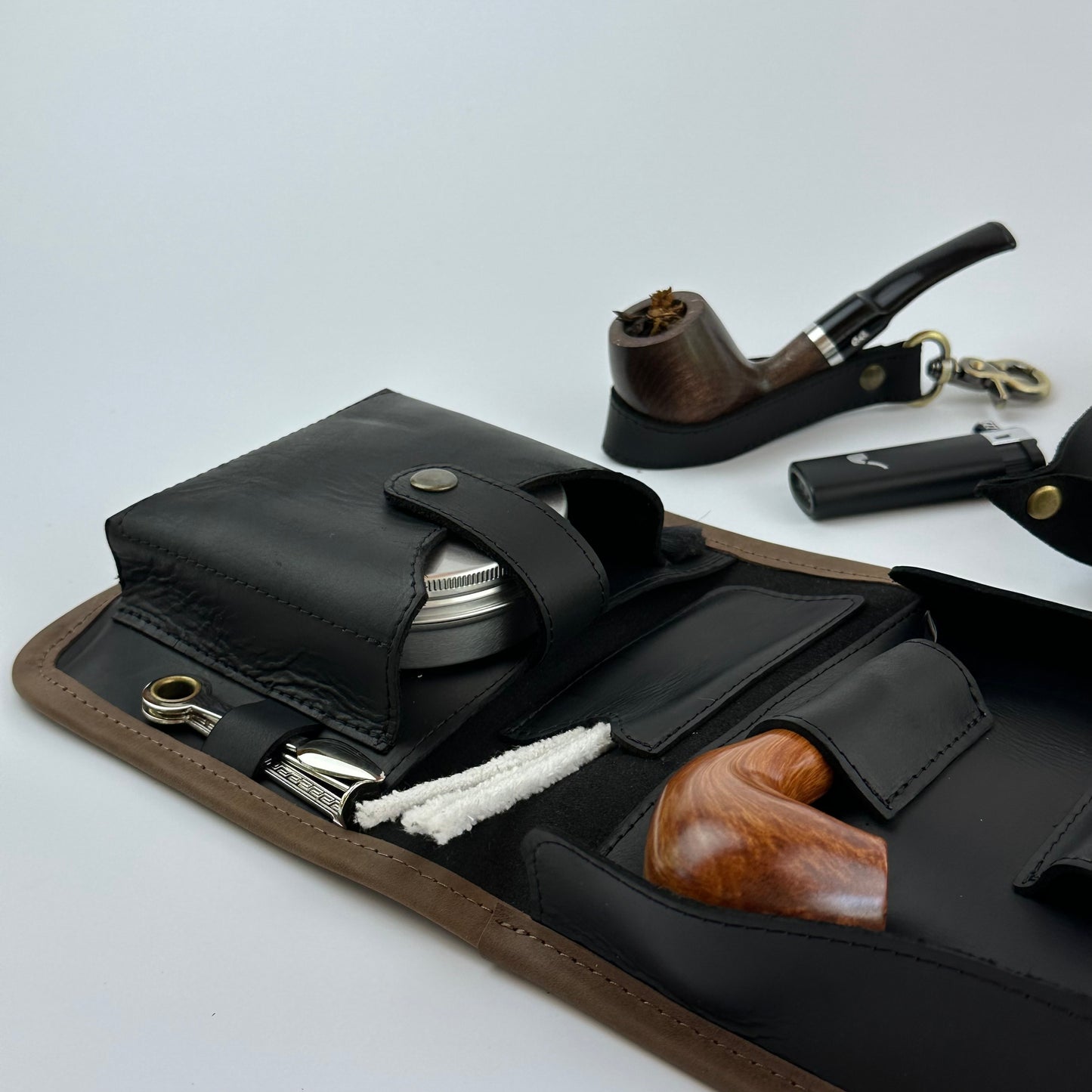 Leather Pipe Roll for Two Pipes, Pipe Pouch with Tray and Stander, Travel Tobacco Leather Bag