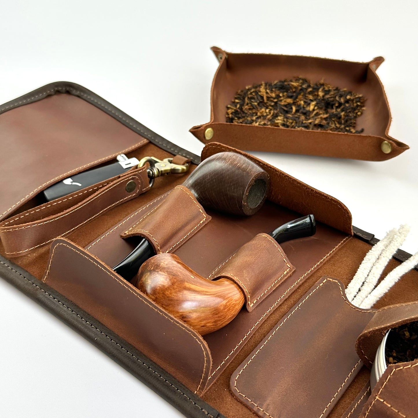 Leather Pipe Roll for Two Pipes, Pipe Pouch with Tray and Stander, Travel Tobacco Leather Bag