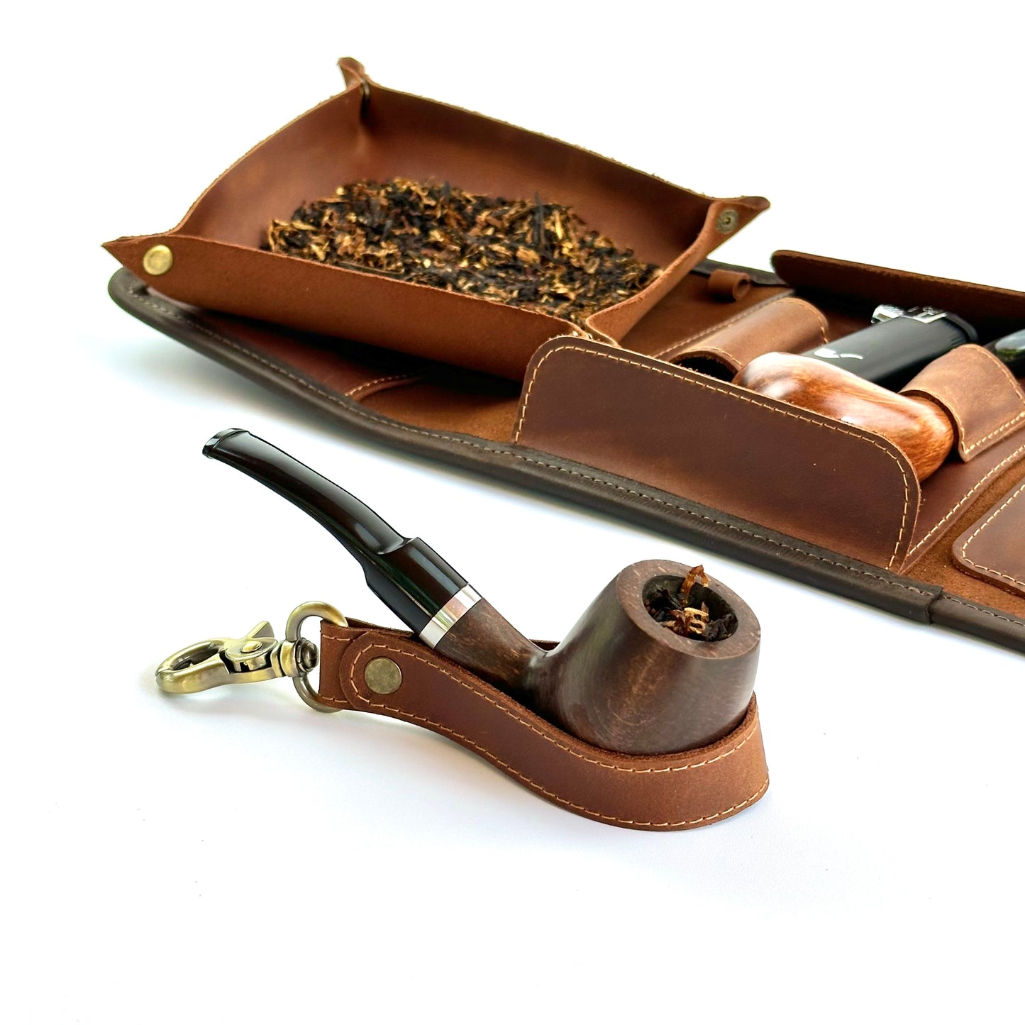 Leather Pipe Roll for Two Pipes, Pipe Pouch with Tray and Stander, Travel Tobacco Leather Bag