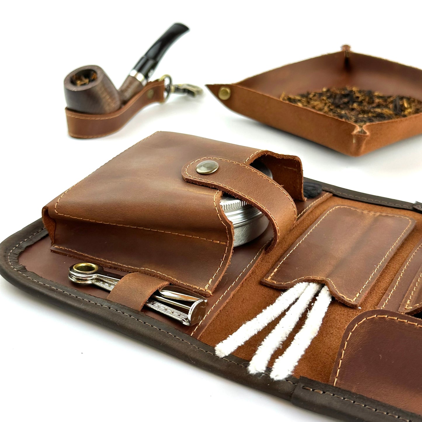 Leather Pipe Roll for Two Pipes, Pipe Pouch with Tray and Stander, Travel Tobacco Leather Bag