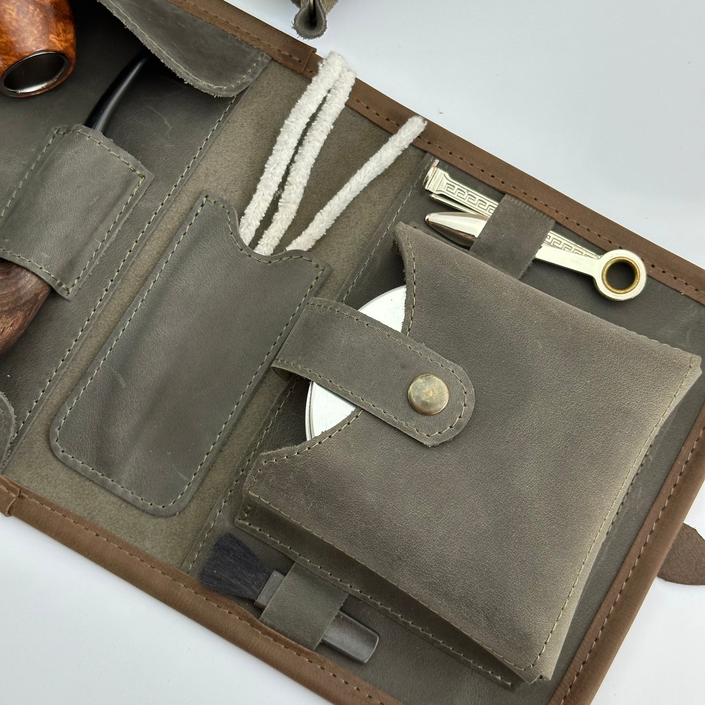 Leather Pipe Roll for Two Pipes, Pipe Pouch with Tray and Stander, Travel Tobacco Leather Bag