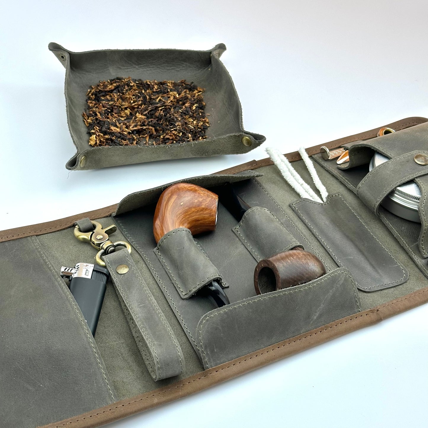 Leather Pipe Roll for Two Pipes, Pipe Pouch with Tray and Stander, Travel Tobacco Leather Bag