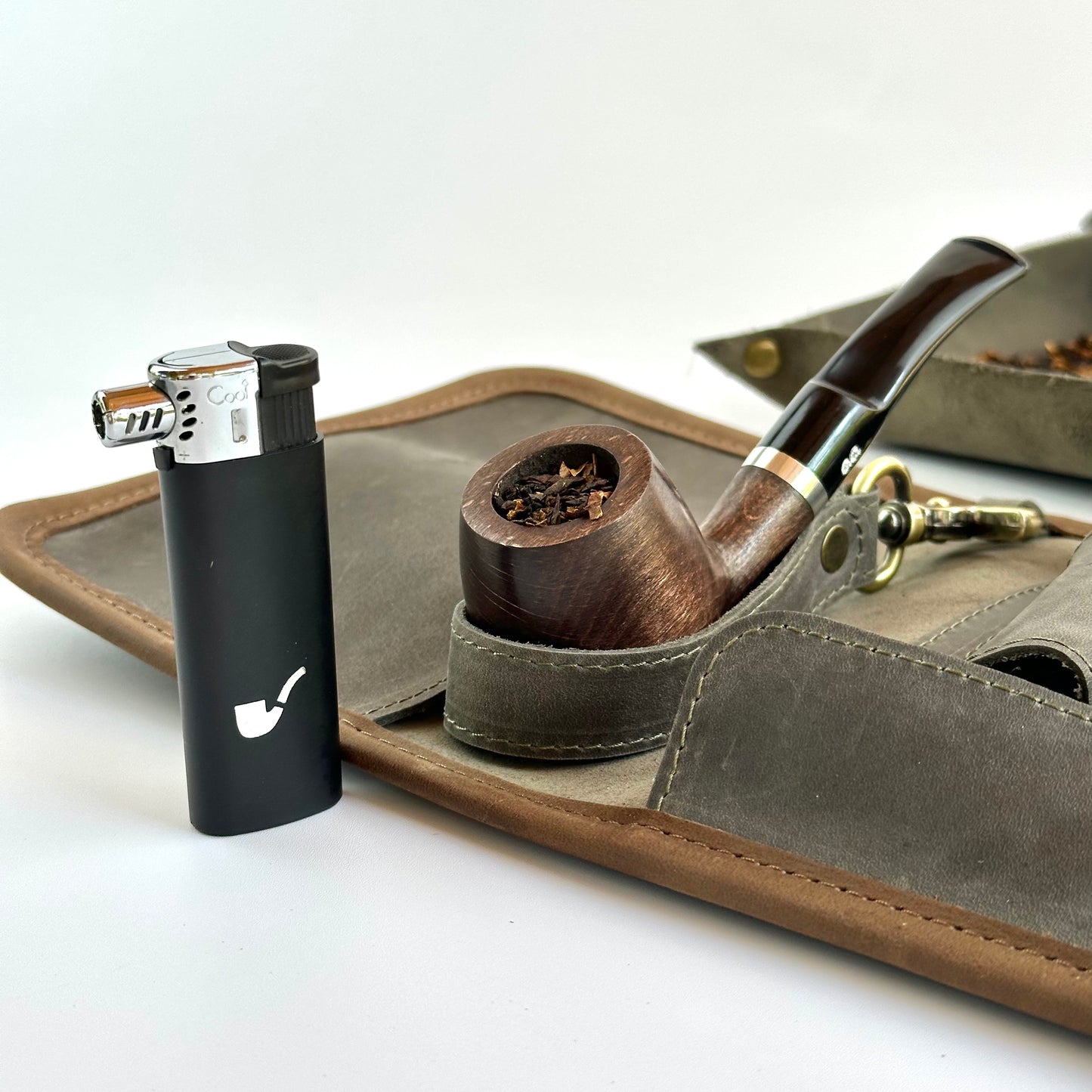 Leather Pipe Roll for Two Pipes, Pipe Pouch with Tray and Stander, Travel Tobacco Leather Bag