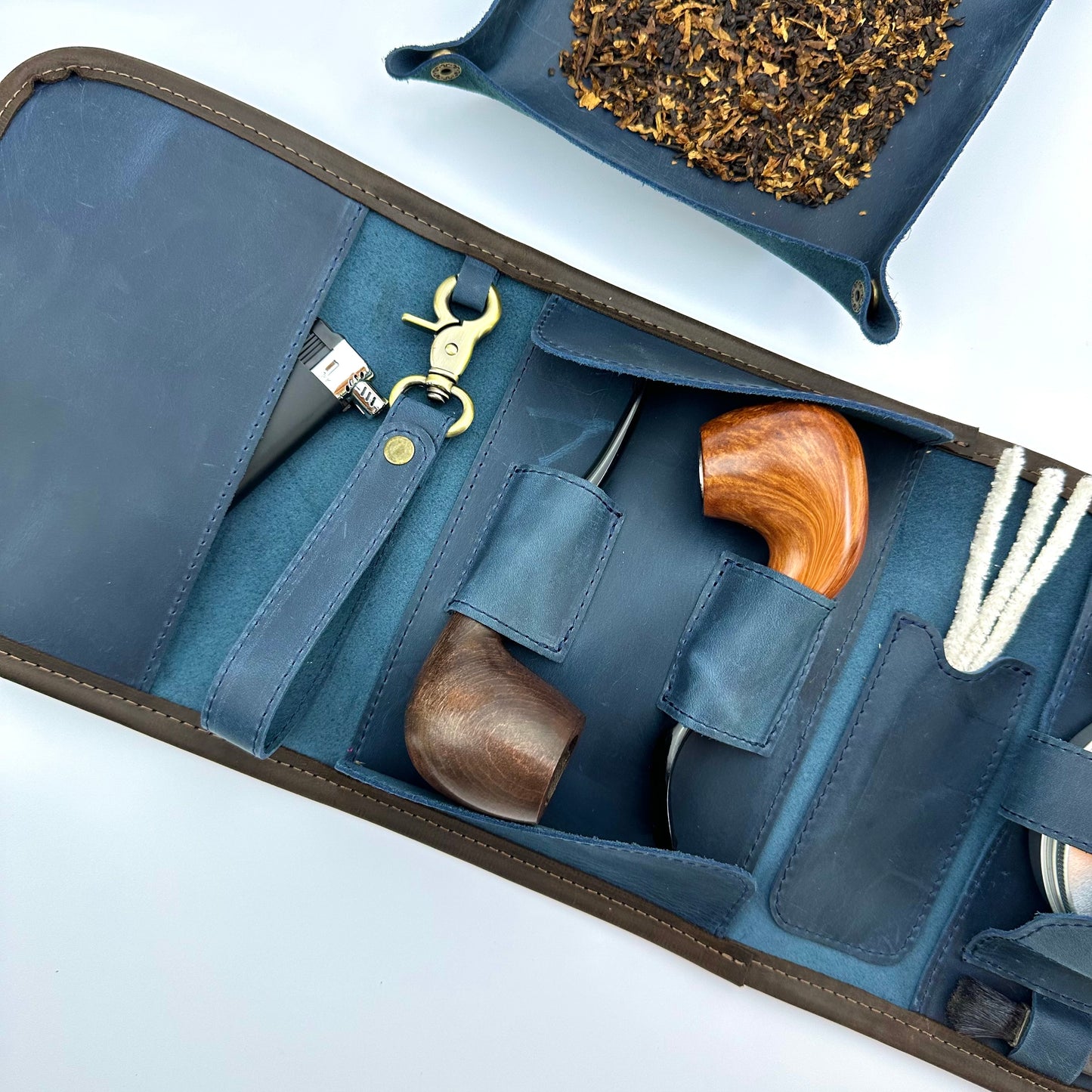 Leather Pipe Roll for Two Pipes, Pipe Pouch with Tray and Stander, Travel Tobacco Leather Bag