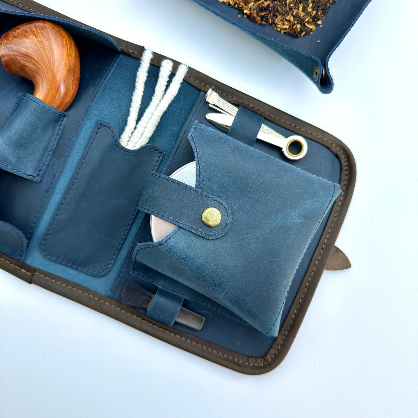 Leather Pipe Roll for Two Pipes, Pipe Pouch with Tray and Stander, Travel Tobacco Leather Bag