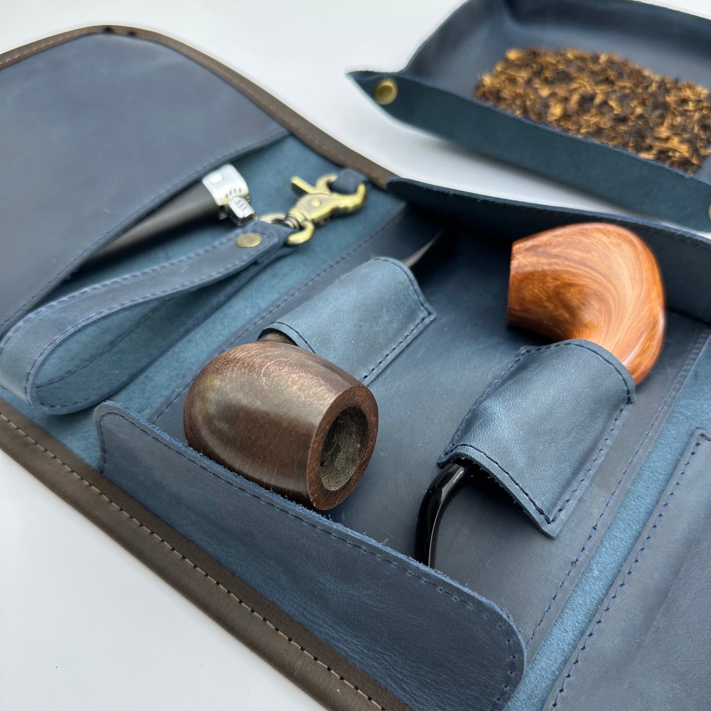 Leather Pipe Roll for Two Pipes, Pipe Pouch with Tray and Stander, Travel Tobacco Leather Bag