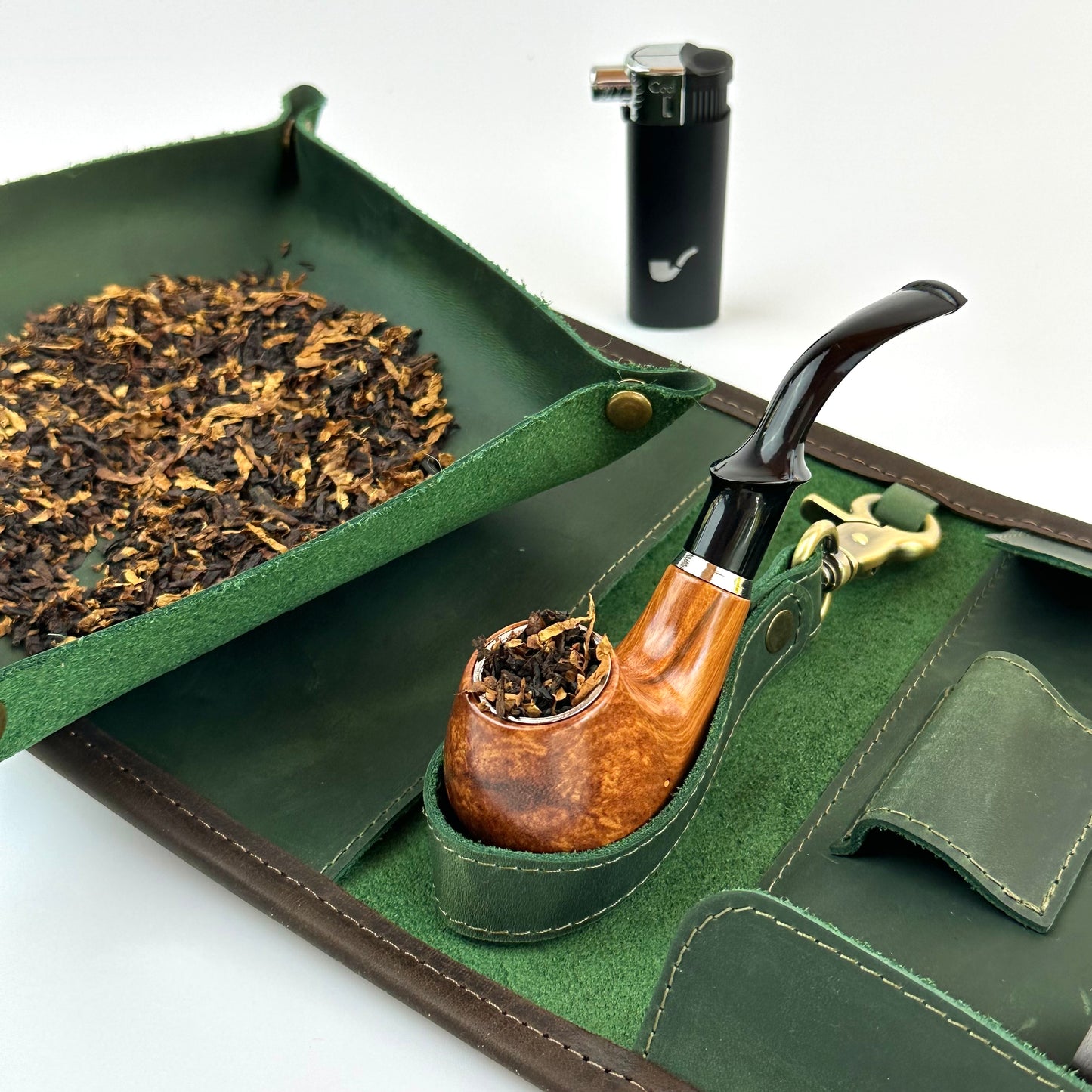 Leather Pipe Roll for Two Pipes, Pipe Pouch with Tray and Stander, Travel Tobacco Leather Bag