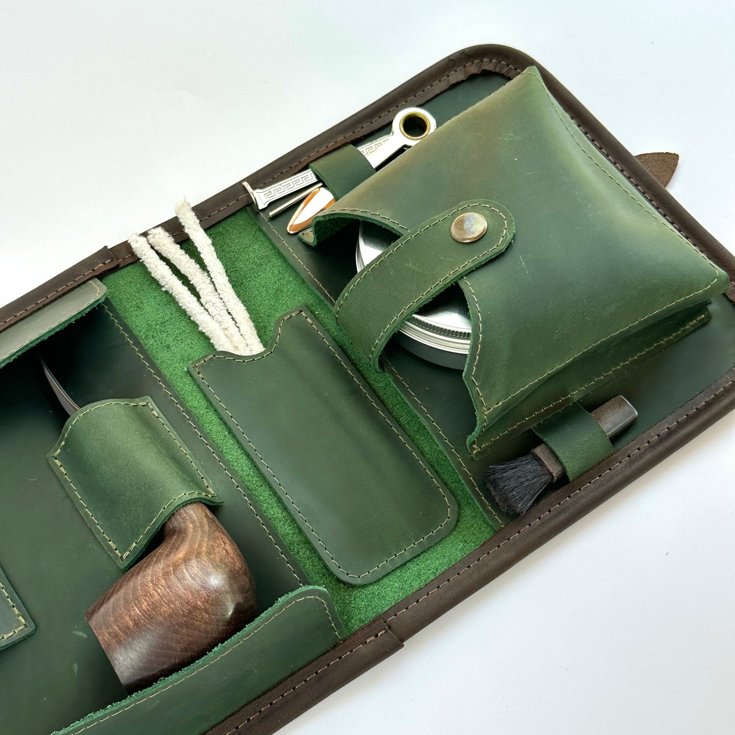 Leather Pipe Roll for Two Pipes, Pipe Pouch with Tray and Stander, Travel Tobacco Leather Bag