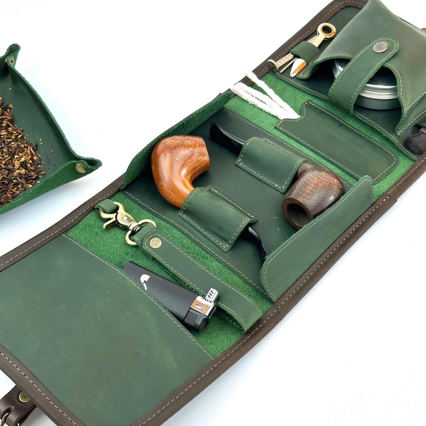 Leather Pipe Roll for Two Pipes, Pipe Pouch with Tray and Stander, Travel Tobacco Leather Bag