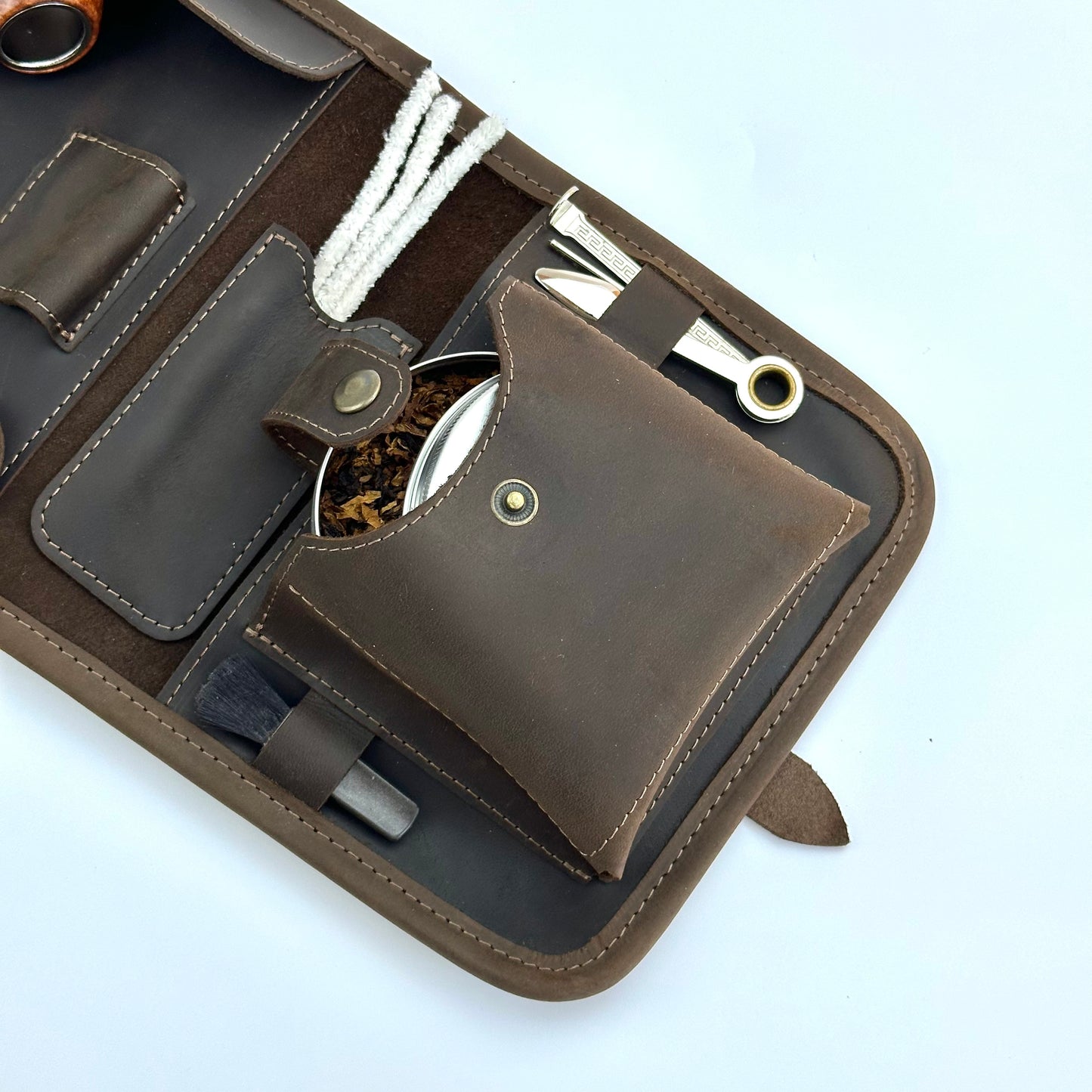Leather Pipe Roll for Two Pipes, Pipe Pouch with Tray and Stander, Travel Tobacco Leather Bag