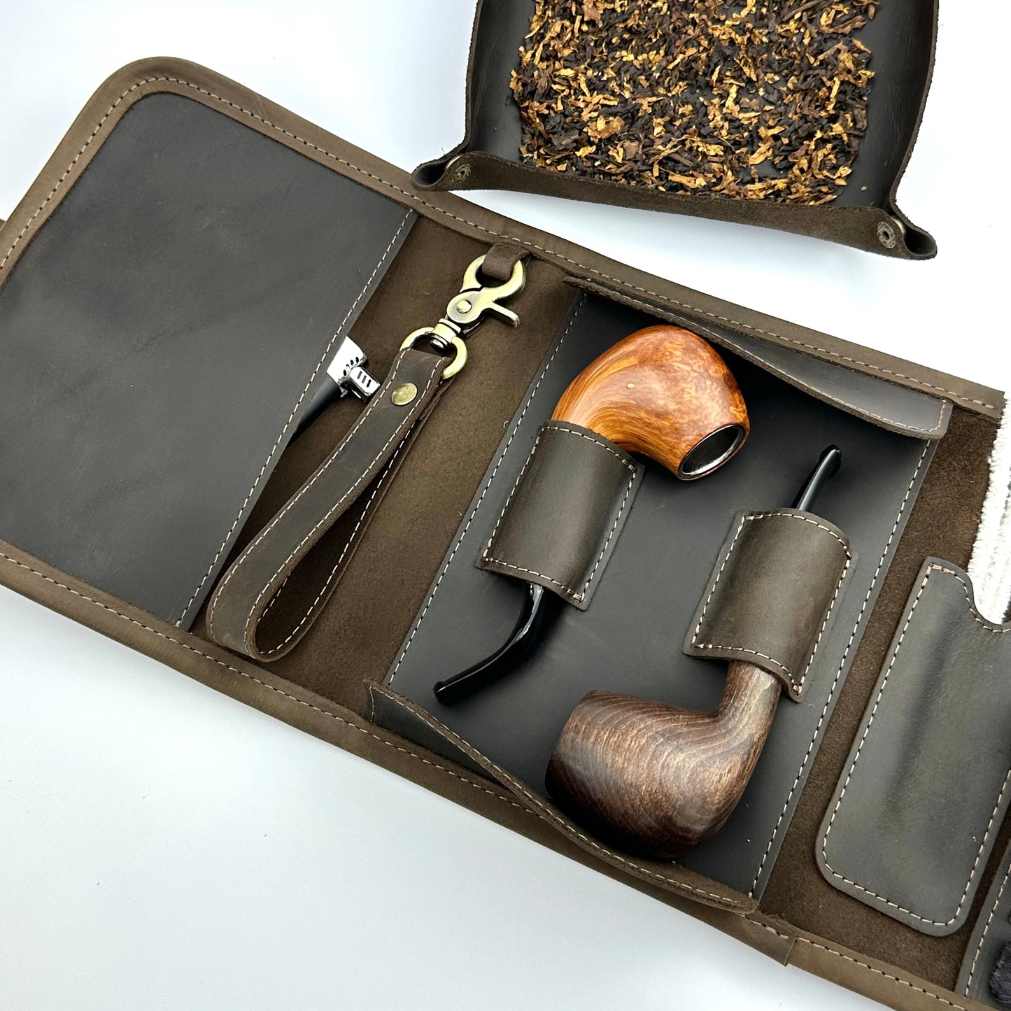 Leather Pipe Roll for Two Pipes, Pipe Pouch with Tray and Stander, Travel Tobacco Leather Bag