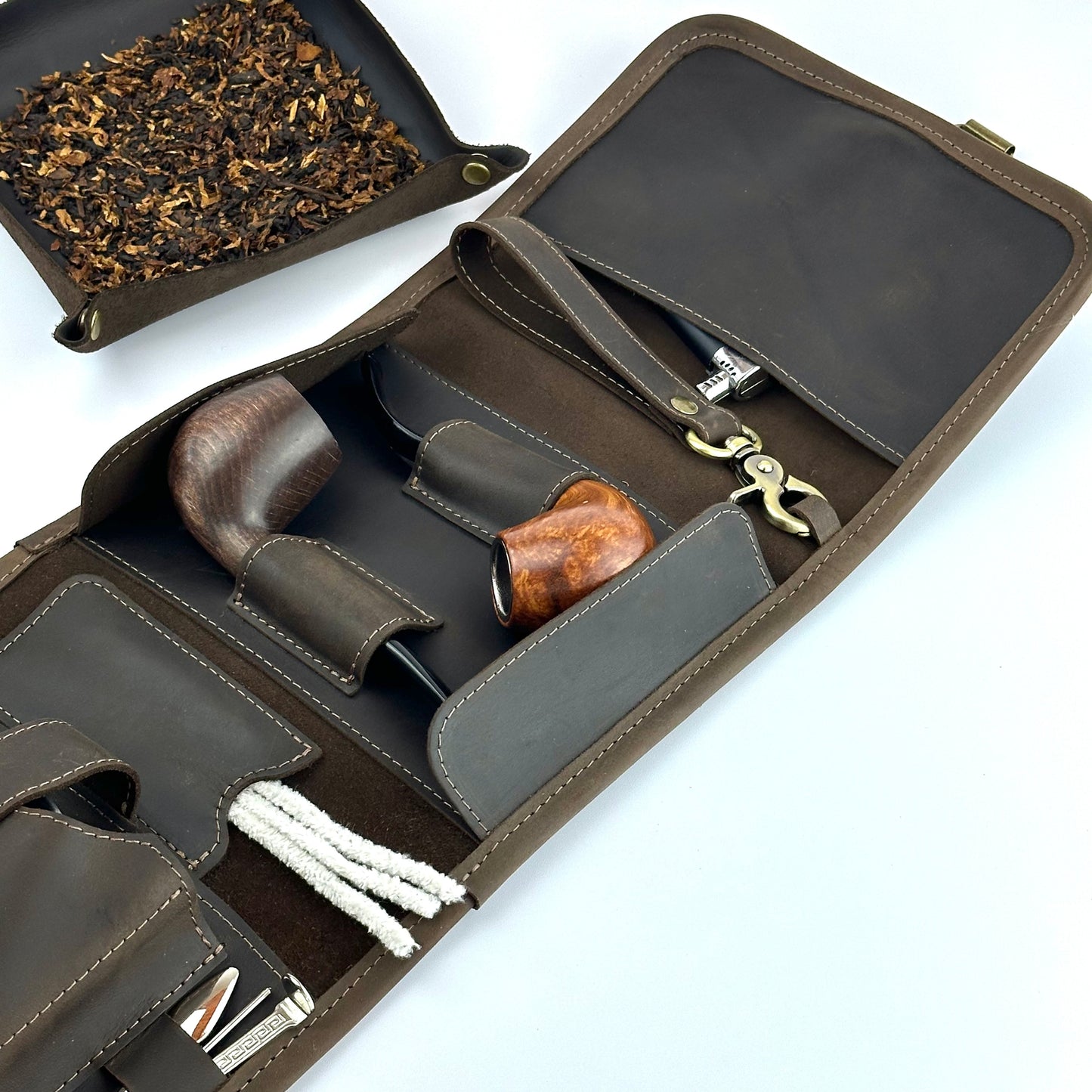 Leather Pipe Roll for Two Pipes, Pipe Pouch with Tray and Stander, Travel Tobacco Leather Bag