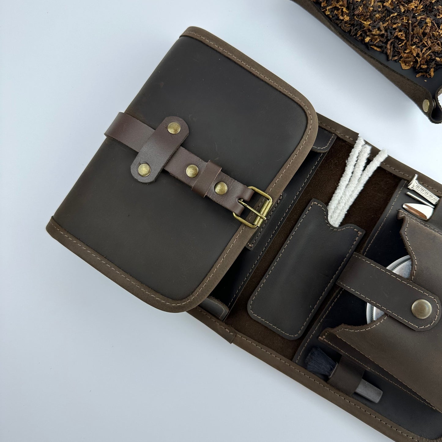 Leather Pipe Roll for Two Pipes, Pipe Pouch with Tray and Stander, Travel Tobacco Leather Bag
