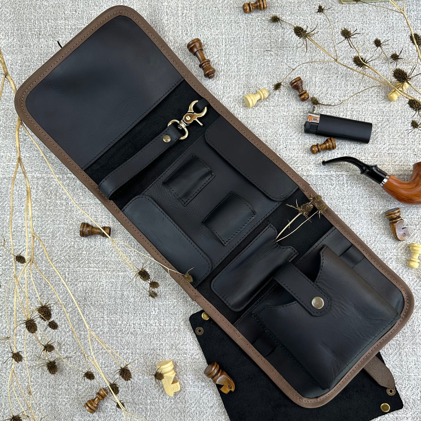 Leather Pipe Roll for Two Pipes, Pipe Pouch with Tray and Stander, Travel Tobacco Leather Bag