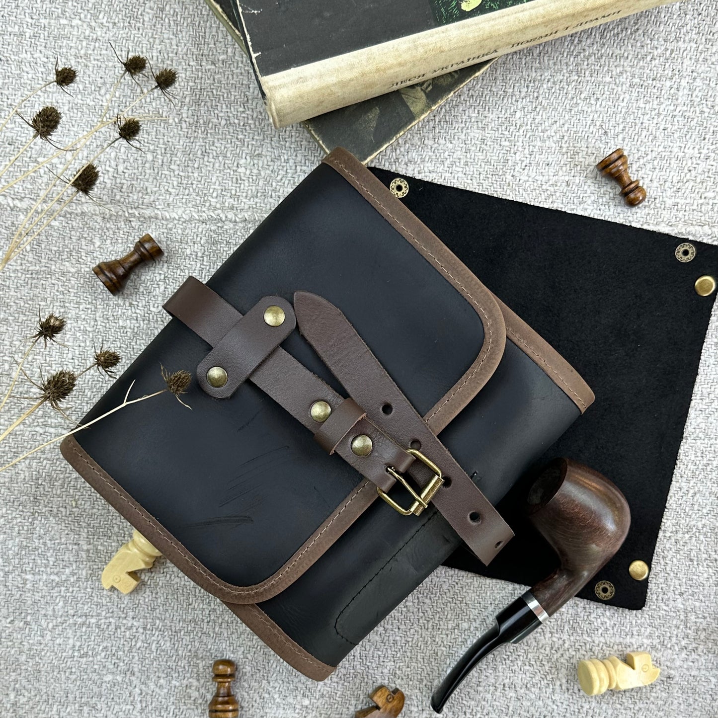 Leather Pipe Roll for Two Pipes, Pipe Pouch with Tray and Stander, Travel Tobacco Leather Bag