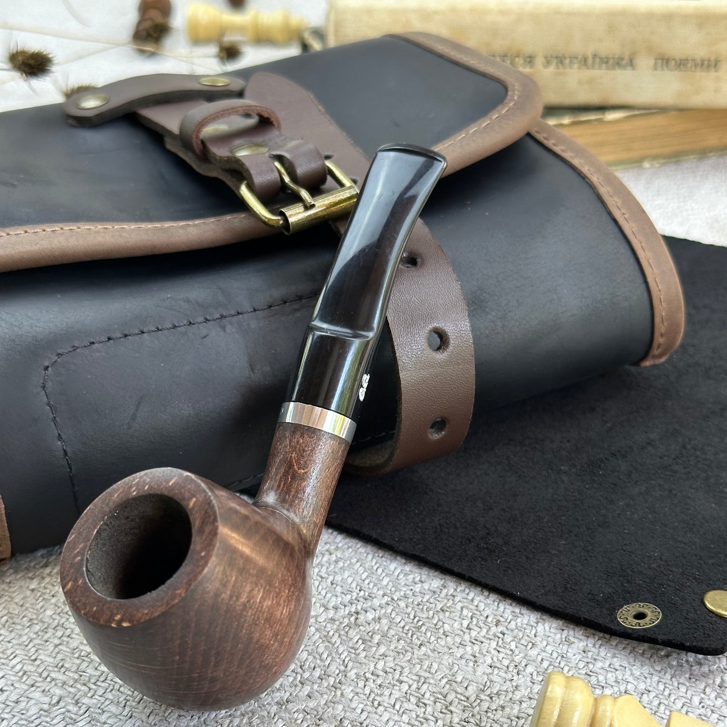 Leather Pipe Roll for Two Pipes, Pipe Pouch with Tray and Stander, Travel Tobacco Leather Bag