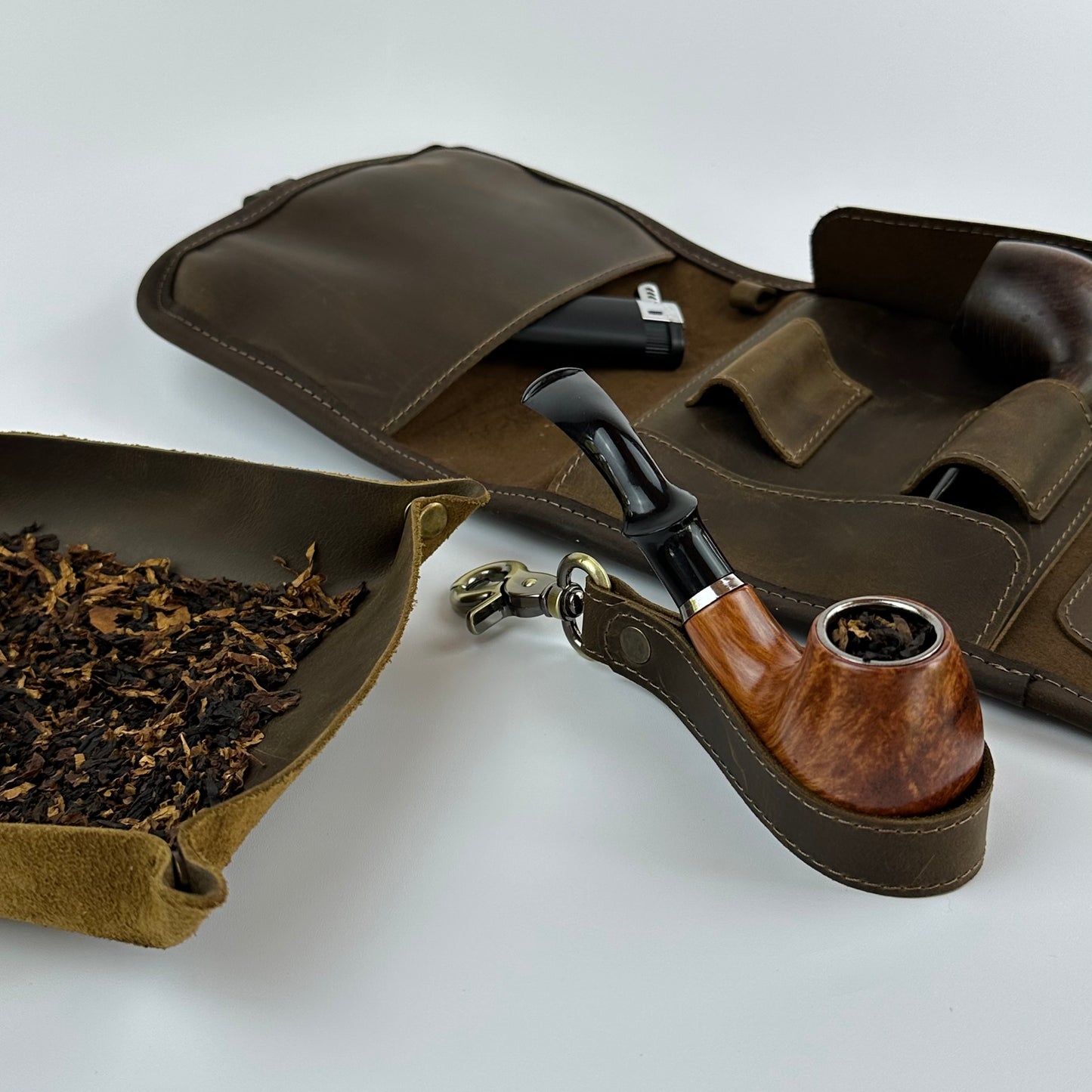 Leather Pipe Roll for Two Pipes, Pipe Pouch with Tray and Stander, Travel Tobacco Leather Bag