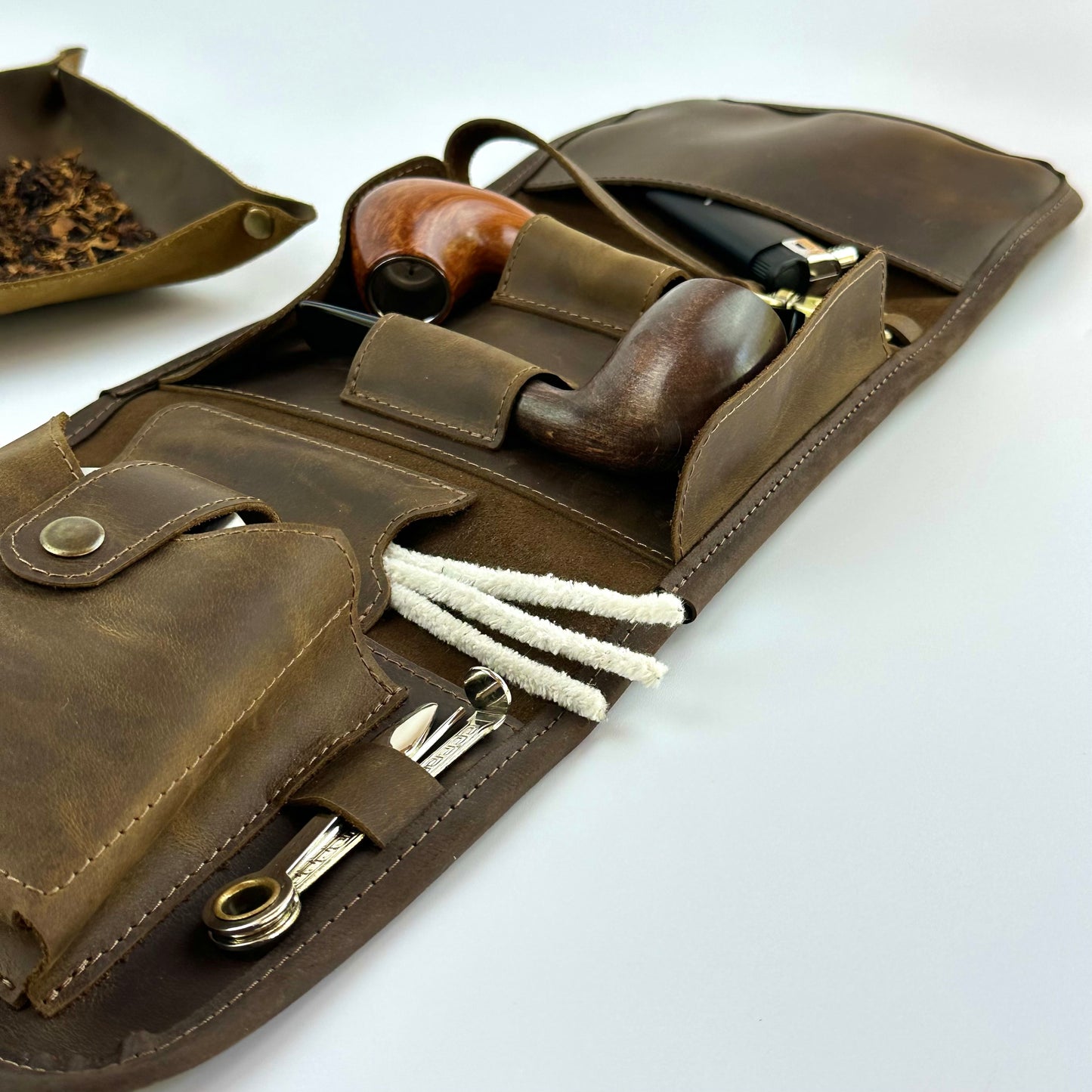 Leather Pipe Roll for Two Pipes, Pipe Pouch with Tray and Stander, Travel Tobacco Leather Bag