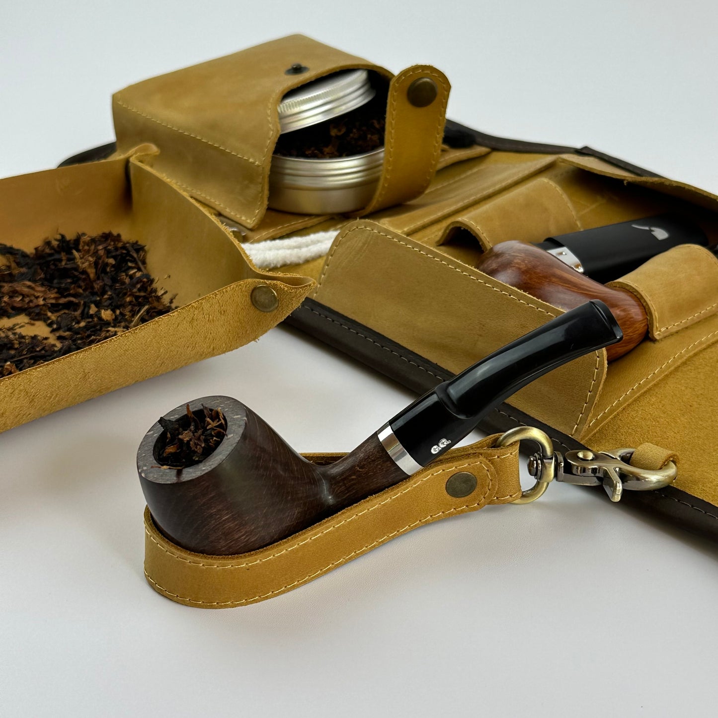 Leather Pipe Roll for Two Pipes, Pipe Pouch with Tray and Stander, Travel Tobacco Leather Bag