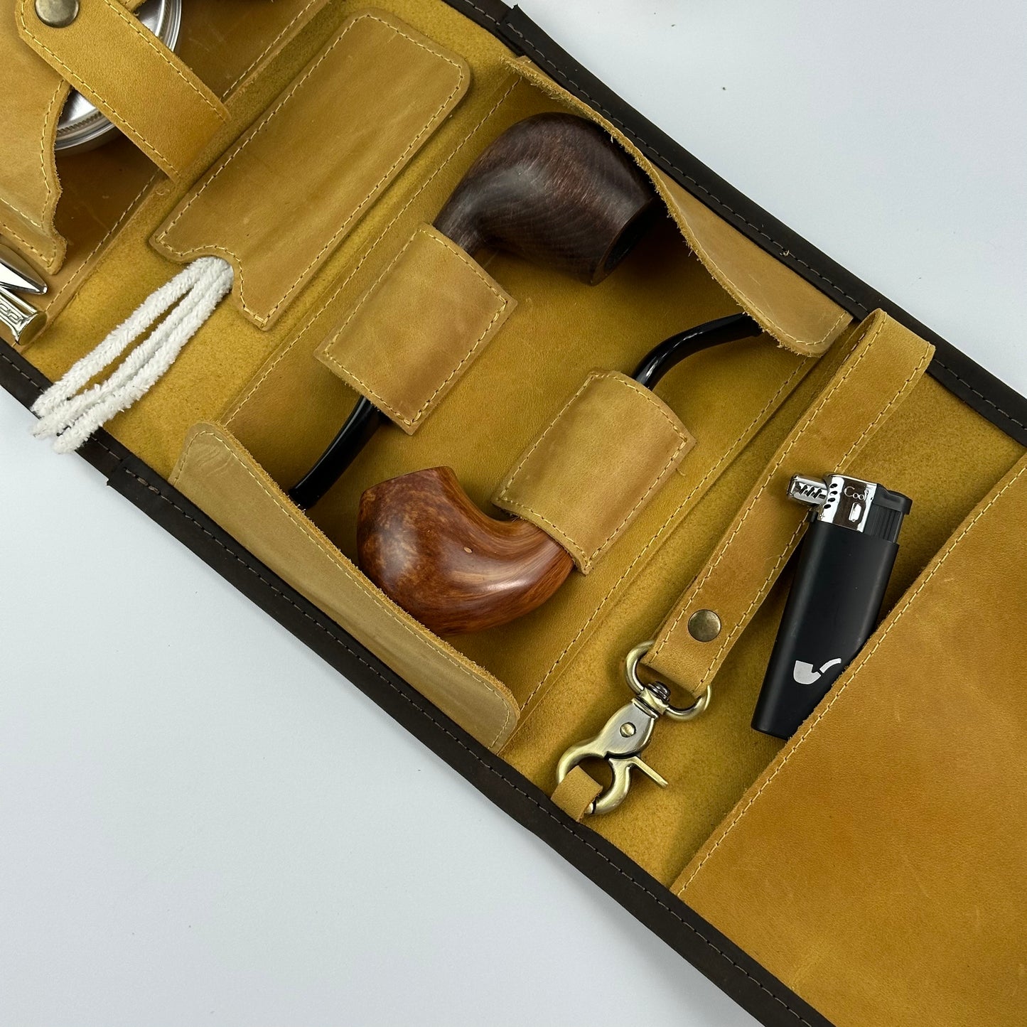 Leather Pipe Roll for Two Pipes, Pipe Pouch with Tray and Stander, Travel Tobacco Leather Bag