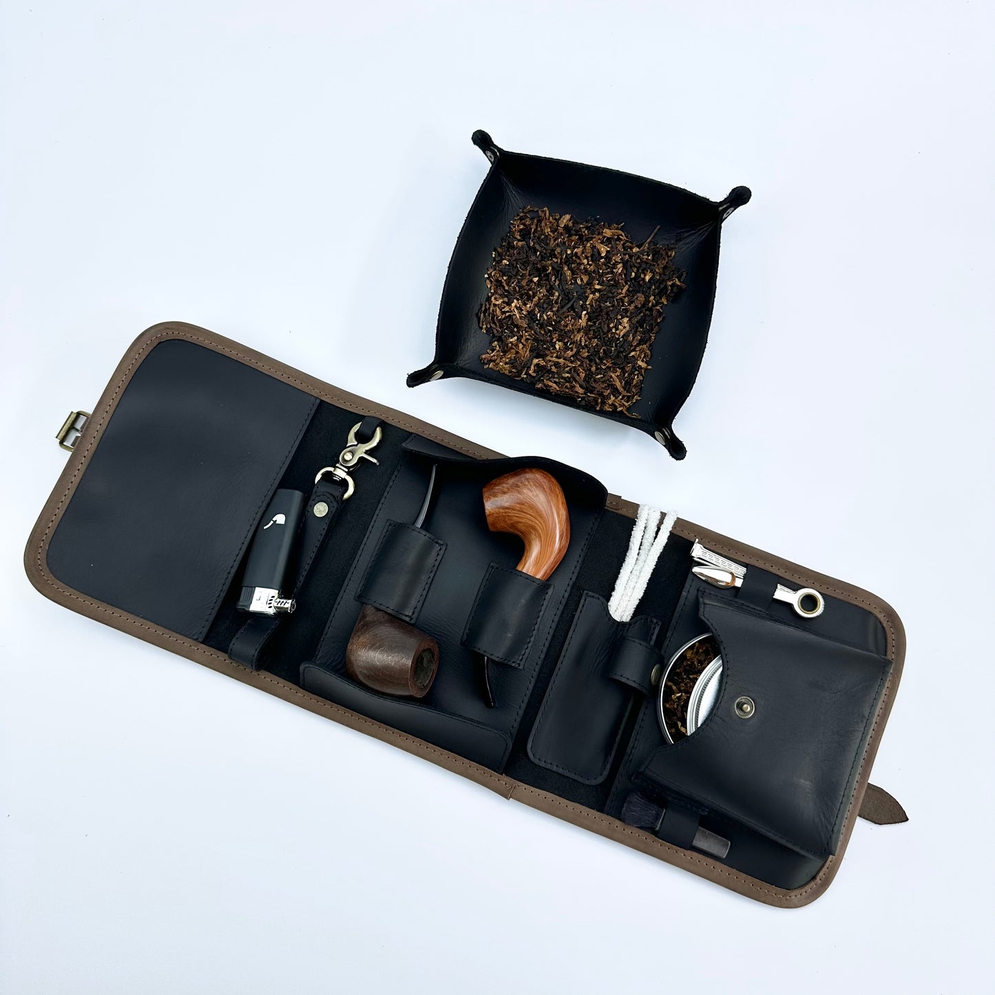 Leather Pipe Roll for Two Pipes, Pipe Pouch with Tray and Stander, Travel Tobacco Leather Bag
