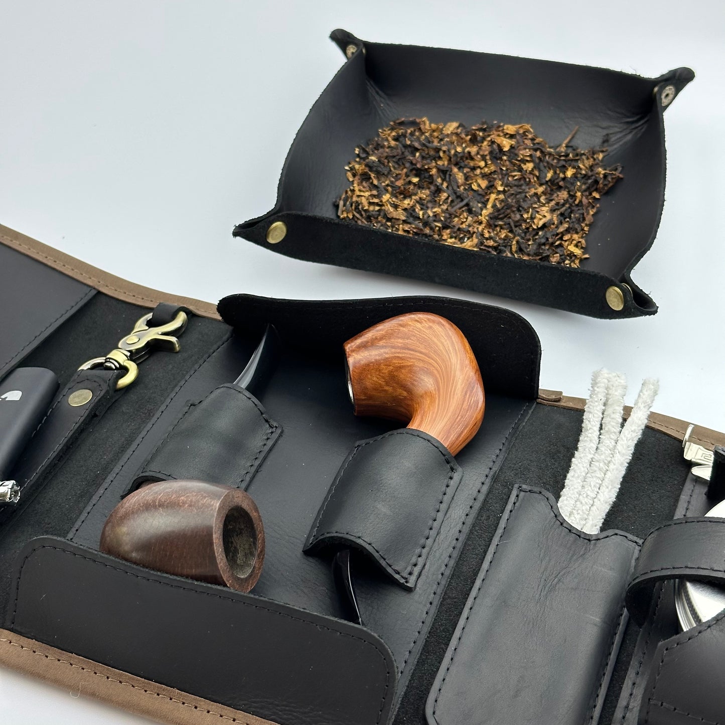 Leather Pipe Roll for Two Pipes, Pipe Pouch with Tray and Stander, Travel Tobacco Leather Bag