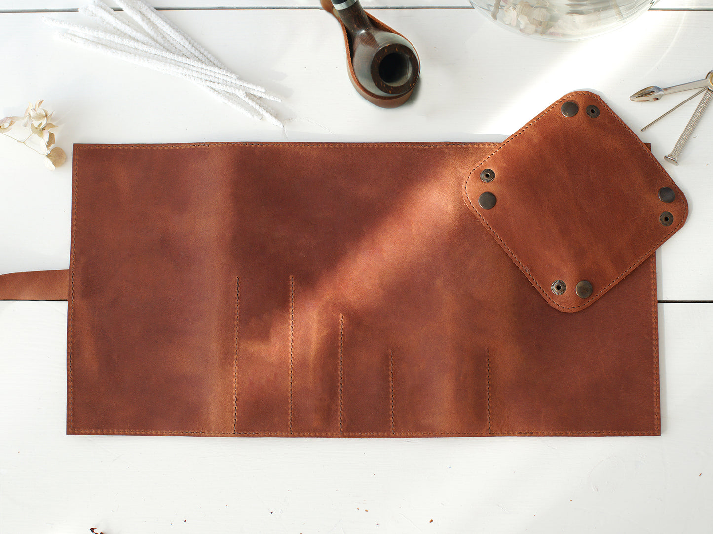 Leather Tobacco Pipe Case with Tray and Pipe Stand, Smoking Pipe Essentials