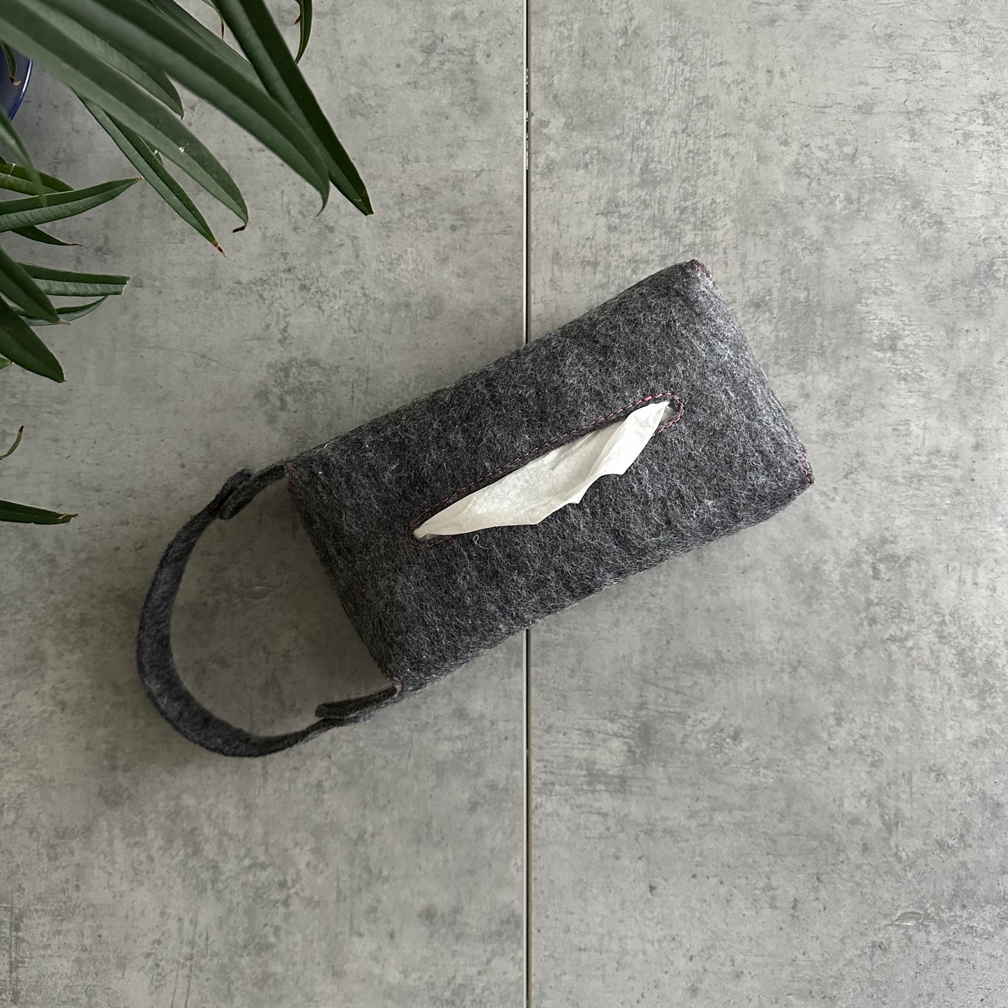 Gray felt tissue holder with tissues 
