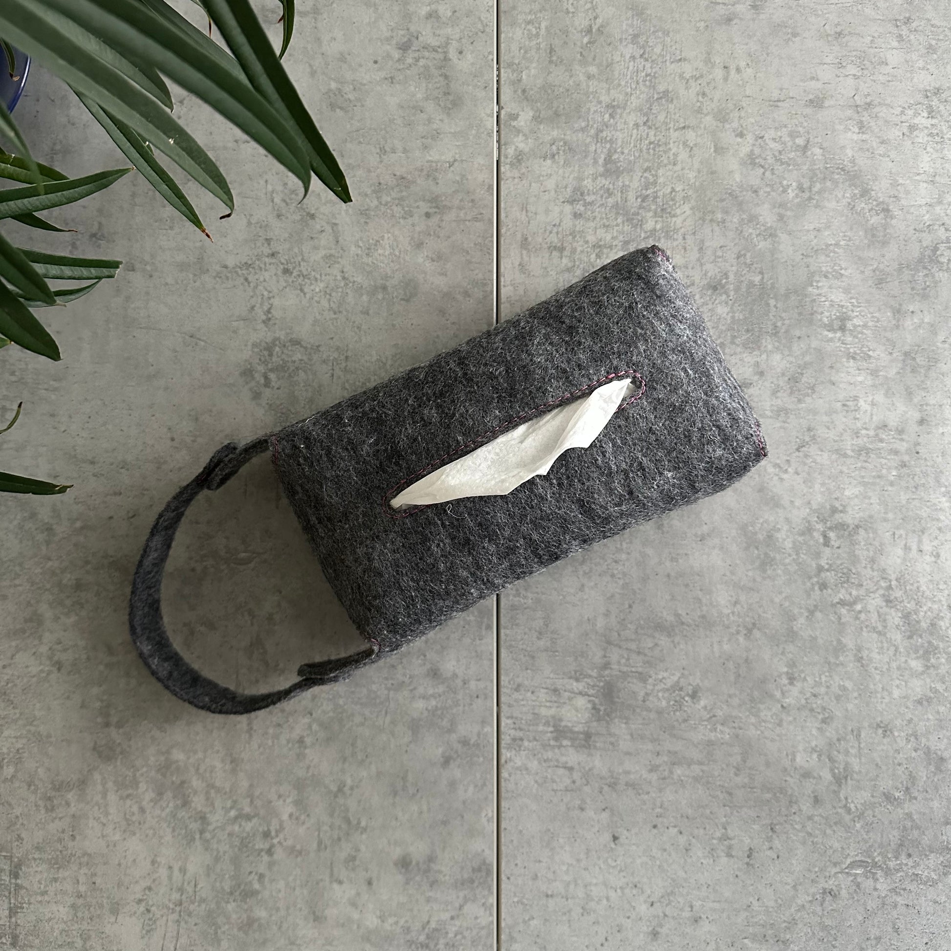 Gray felt tissue holder with tissues 