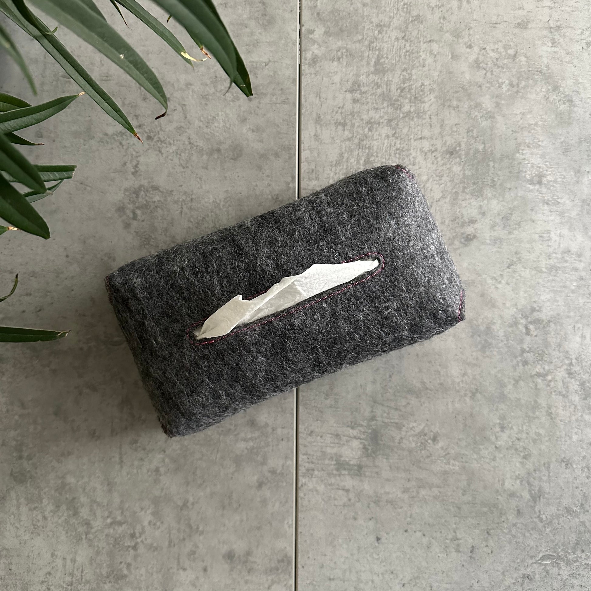 Gray felt tissue holder with tissues for kitchen