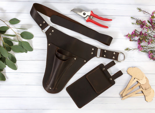 Leather Tool Belt with Hori-Hori Pocket Set of Two Pouch, Personalized Bag for Tools Florist Gardener Farmer