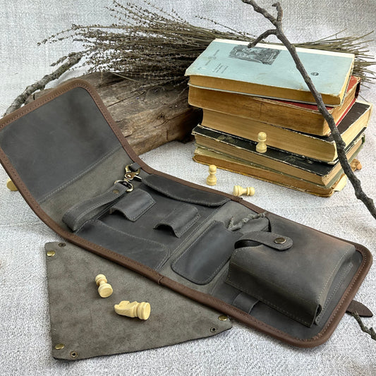 Leather Pipe Roll for Two Pipes, Pipe Pouch with Tray and Stander, Travel Tobacco Leather Bag
