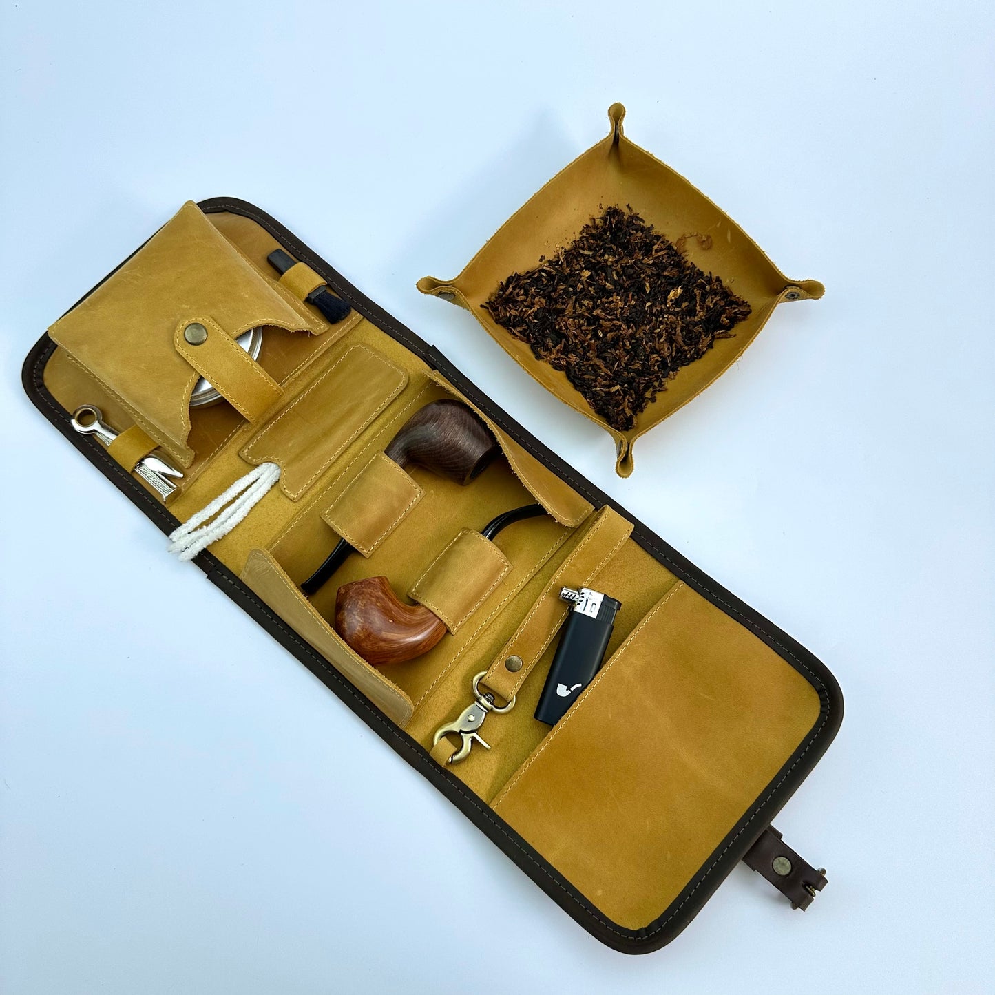 Leather Pipe Roll for Two Pipes, Pipe Pouch with Tray and Stander, Travel Tobacco Leather Bag