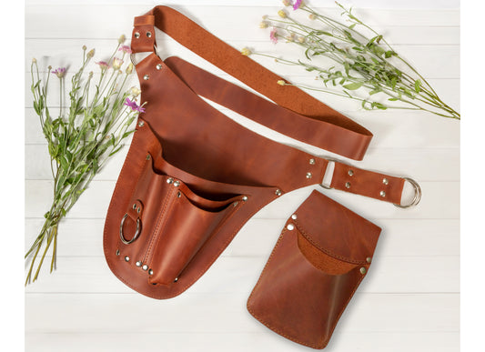 Leather Tool Belt with Phone Pocket Personalized Set of Two